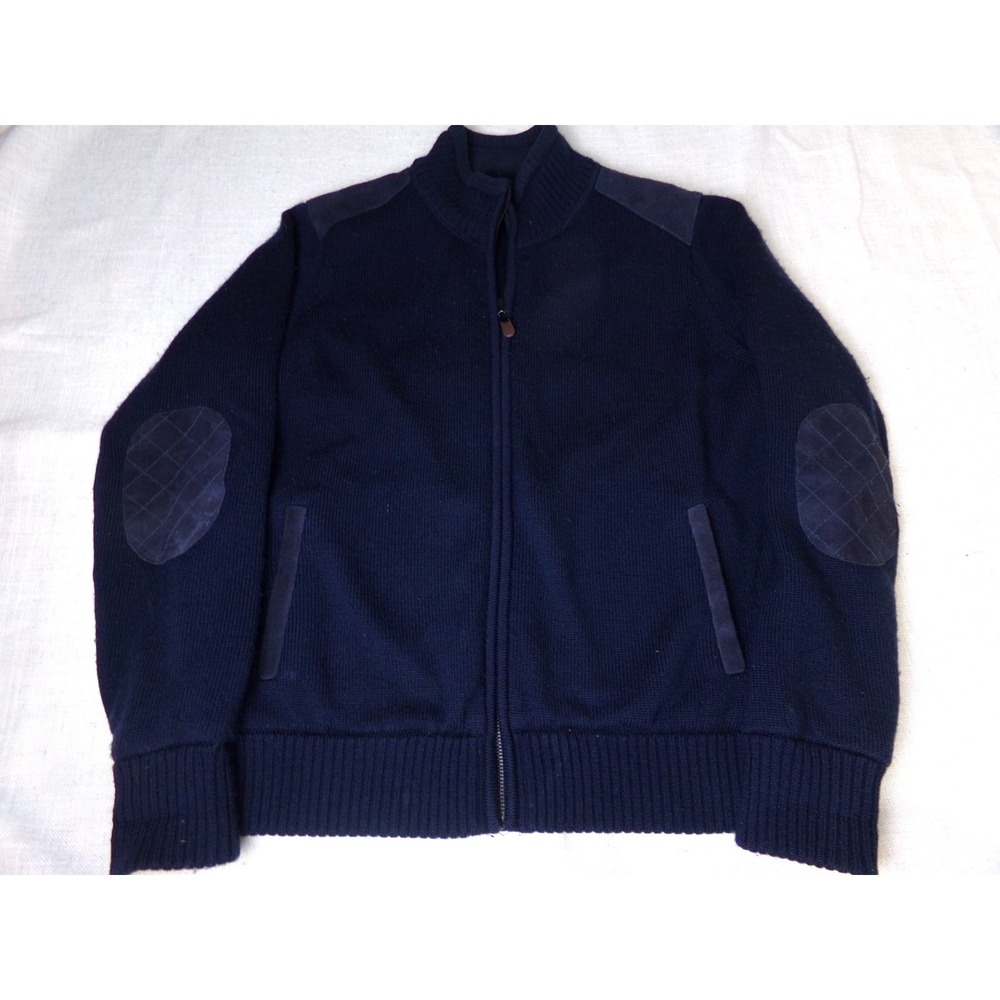 Orvis Navy Blue Merino Wool Full Zip Lined Sweater w/ Suede Accents Men's Size M